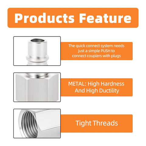 5-piece 304 stainless steel 1/4-in NPT female air tool fittings set; side view of hex body and threaded end