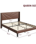 Rock Solid Heavy Duty Queen Platform Bed Frame With Tufted Wingback Headboard, dark brown upholstery and wooden slats.