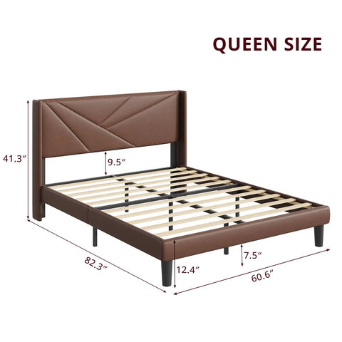 Rock Solid Heavy Duty Queen Platform Bed Frame With Tufted Wingback Headboard, dark brown upholstery and wooden slats.