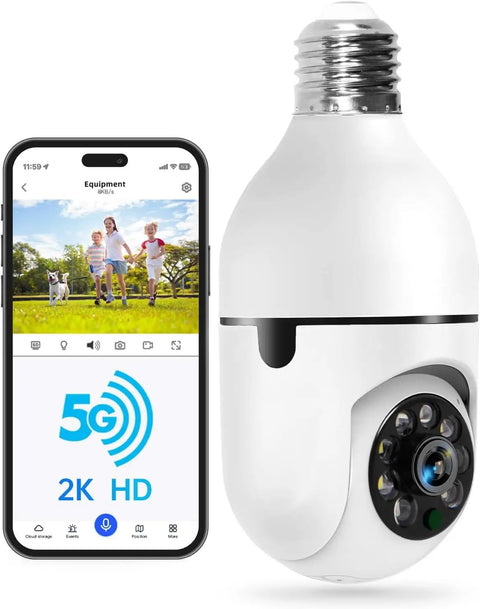 Smart Light Bulb Camera With 5G And 2.4GHz WiFi 2K Outdoor Security and smartphone interface display