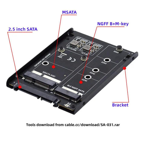 Dual Slot M.2 Ngff Bridge Straight Up Transforms MSATA Drives Into A Rugged 2.5 Inch SATA HDD Enclosure For Desktops And Laptops Offering JBOD RAID0 Span Modes That Will Seriously Punch Up Your Storage Game showing connection points and bracket.