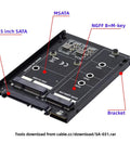Dead Simple Hella Reliable Dual MSATA NGFF B Plus M Enclosure Supports JBOD RAID0 Span Modes showing connectors for 2.5 inch SATA.