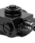 Hydraulic selector valve, black metal body, side view with knurled adjustment knob