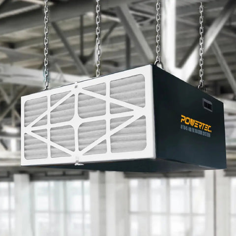 Rock Solid 5 Micron Outer Air Filter 2 Pack With Merv 10 Rating For Wen 3417 hanging above woodshop air filtration system.