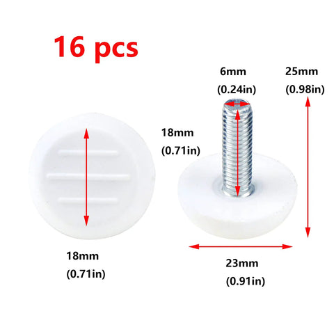 Rock Solid White Furniture Levelers 16 Pack M6 X 18mm Thread Table Leg Adjustable Feet 23mm Base Plastic Glides with measurements