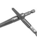 Two high-speed steel screw extractors from Ten Piece Damaged Screw Remover Kit With One Quarter Inch Hex Shank High Speed Steel For Easy Out Of Stripped Screws Five Sizes Sixteen Seventeen Twenty Six Thirty One Thirty Three Millimeter For Wood And Metal Screws Bolts And Painted Fasteners.