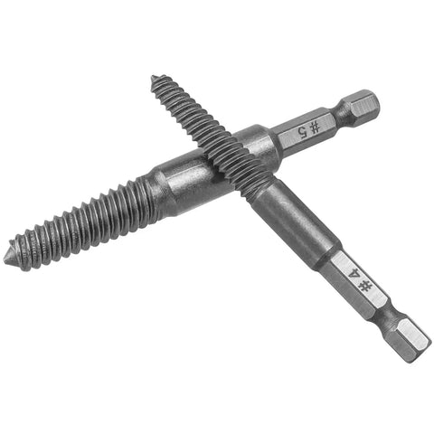 Two high-speed steel screw extractors from Ten Piece Damaged Screw Remover Kit With One Quarter Inch Hex Shank High Speed Steel For Easy Out Of Stripped Screws Five Sizes Sixteen Seventeen Twenty Six Thirty One Thirty Three Millimeter For Wood And Metal Screws Bolts And Painted Fasteners.