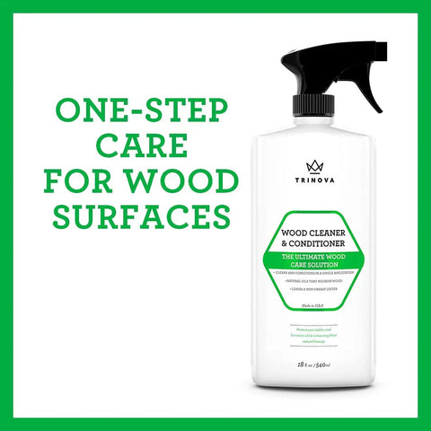 Trinova Wood Cleaner Conditioner bottle with text One-Step Care for Wood Surfaces, 18 oz size