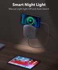 Six In One Outlet Extender With Three USB Ports And Three Grounded Outlets, Dusk To Dawn Night Light charging a phone