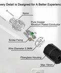 Top Shelf HiFi Power Plug Featuring Rhodium Plated Copper Non Magnetic Pins and Rock Solid IEC C15 Connector, detailed breakdown with materials and design.
