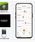 Portable Golf Launch Monitor With 5 Inch Color Touchscreen GPS Handheld showing course stats and app features on screen.