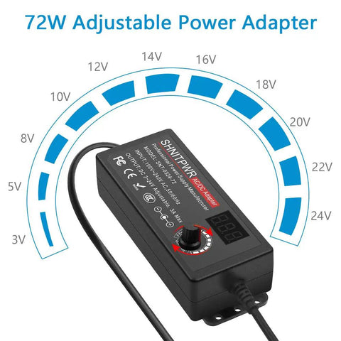 Universal 72W Power Supply With Adjustable 3V To 24V DC Output And 3A Cable featuring a display and voltage adjustment dial.