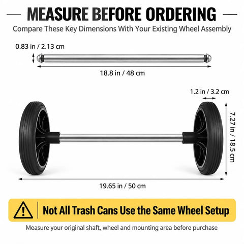 Haul Heavy Bins Like A Boss Without Breaking A Sweat Using This Tough Trash Wheel Replacement Kit Featuring Seven Inch Rubber Garbage Tires 18.8 Hollow Shaft And Quick Axle Swap For Smooth Outdoor Cart Mobility dimensions with rubber wheel kit and metal shaft