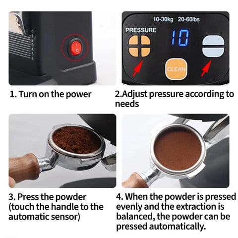 Steps to use the Professional 48mm Stainless Steel Coffee Tamper With Height Adjustable Stand And Pressure Gauge.