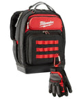 Heavy Duty Canvas Jobsite Backpack With 48 Pockets And Ultra Comfortable Load Bearing Harness Built Like A Tank For Real Deal Contractors And Crew Chiefs Who Want Solid Boss Gear On The Road, shown with gloves.
