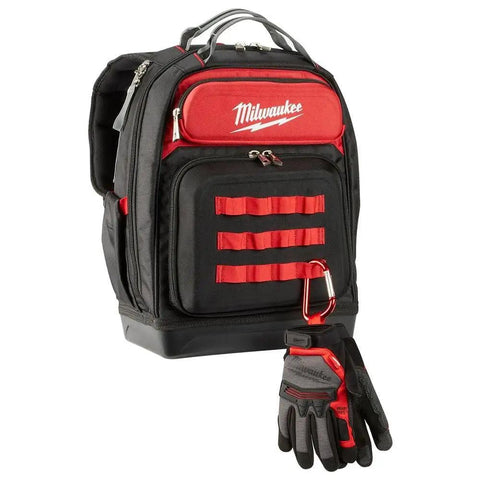 Heavy Duty Canvas Jobsite Backpack With 48 Pockets And Ultra Comfortable Load Bearing Harness Built Like A Tank For Real Deal Contractors And Crew Chiefs Who Want Solid Boss Gear On The Road, shown with gloves.