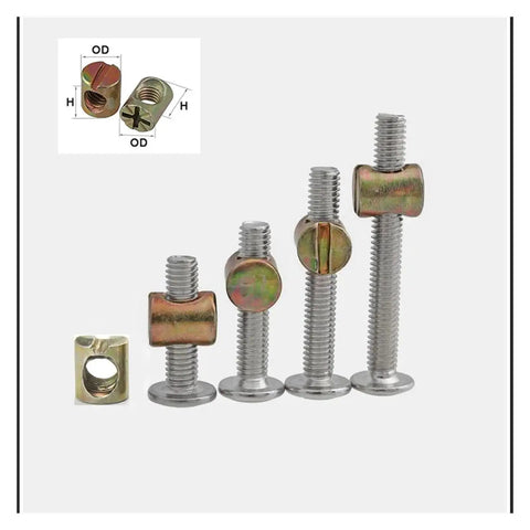 Furniture Barrel Nuts And Hammer Nuts Kit For DIY Woodworking, M4-M8 Screws, Zinc Alloy 8-18mm, flush design, image of screws and connectors