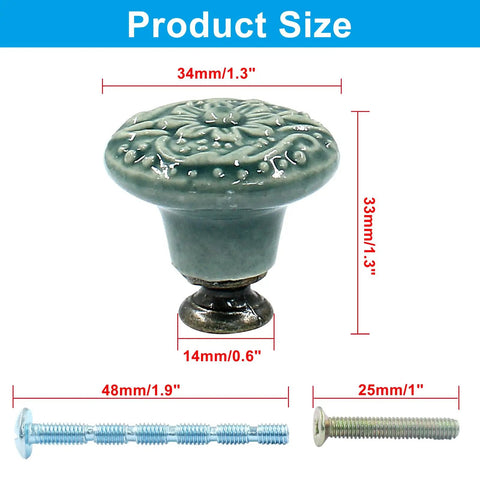 Green Ceramic Knobs And Pulls For Drawers, Dressers, Cupboards And Closets 34mm 1.3in Diameter Set Of 4 With Mounting Screws Included