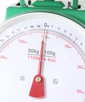 Close-up of Heavy Duty Portion Control Mechanical Kitchen And Food Scale With Stainless Steel Platform 110 Lbs Capacity Industrial Dial Scale showing dial