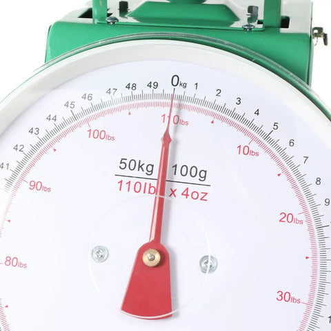 Close-up of Heavy Duty Portion Control Mechanical Kitchen And Food Scale With Stainless Steel Platform 110 Lbs Capacity Industrial Dial Scale showing dial