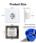Rock Solid Eu Wifi Smart Socket With Slick Tempered Glass Panel dimensions: 82mm x 82mm front view and wiring details from the back.