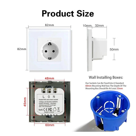 Rock Solid Eu Wifi Smart Socket With Slick Tempered Glass Panel dimensions: 82mm x 82mm front view and wiring details from the back.