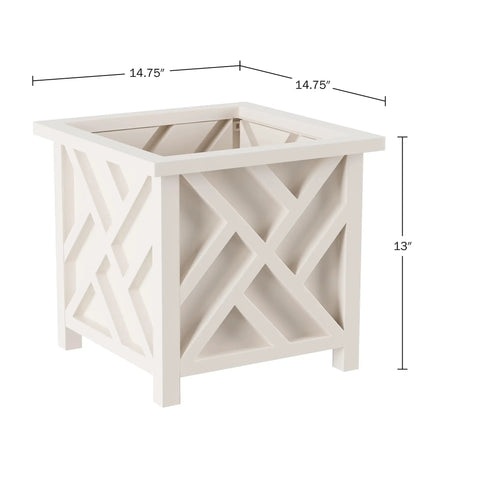Lattice Design Outdoor Planter Box 14.75 Inch Square 13 Inch Tall White Plant Pot For Front Porch Decor Durable Weather Resistant