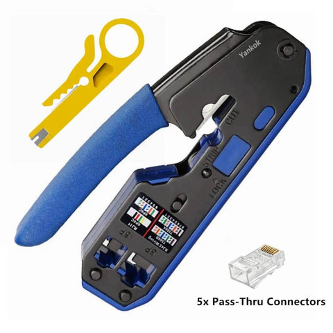 RJ45 RJ12 RJ11 Modular Crimp Tool For Cat5 Cat5e Cat6 Connectors Strip Cut Crimp In One Blue Handle Includes Five Network Connectors