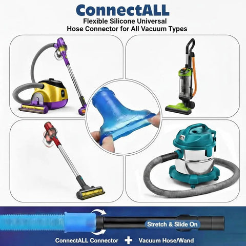 ConnectALL flexible silicone universal hose connector for various vacuum types, showcasing compatibility with different models.