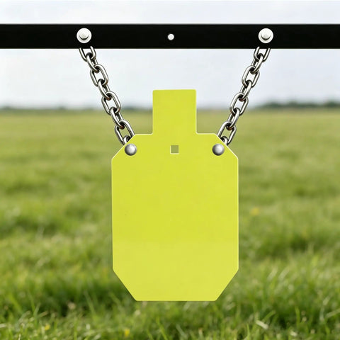 AR500 Steel Target Gong Set with anti-splatter shooting plate shown outdoors, ideal for precision shooting practice.
