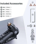Mulcort pneumatic chamfering tool, front view, handheld black with 6 R-blades and included accessories