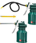 Front view of two green metal oil spray cans with levers; includes 9-inch flexible hose and 3-inch straight nozzle; USUNRISE.