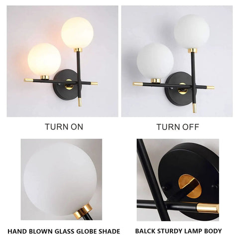 Two Light Globe Wall Sconce With Frosted Glass Globes, Mid Century Modern Vibe, cozy bedroom hallway bathroom lighting, on and off
