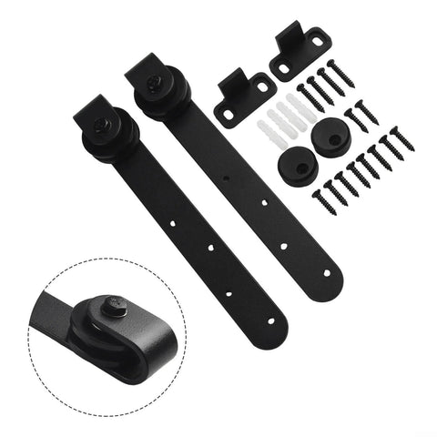Heavy Duty Sliding Barn Door Hardware Kit For Cabinet Doors With Carbon Steel Rail Set And Large Wheel Pulleys Smooth Quiet Track System Supports 100 Pound Load Easy Interior Install For Modern Homes shown with components including hangers, screws, and guides.