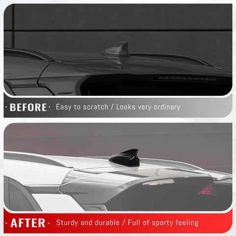 Before and after comparison of Shark Fin Antenna Cover For Hyundai Kona 2018 2019 2020 2021 2022 2023 Glossy Black Roof Topper Not GPS Model 96210 J9300 Easy Install Chip Equipped Exterior Upgrade