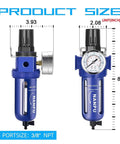 Three Eighths Inch NPT Air Filter Regulator With Five Micron Brass Element 0 To 150 Psi Gauge, blue body, product dimensions shown