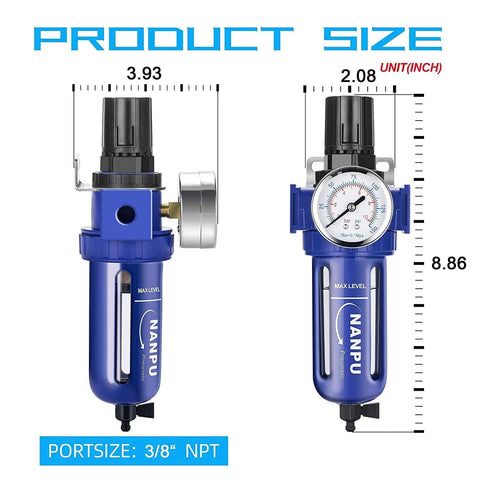 Three Eighths Inch NPT Air Filter Regulator With Five Micron Brass Element 0 To 150 Psi Gauge, blue body, product dimensions shown