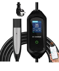 Rock Solid Portable 7Kw Electric Vehicle Charger Featuring Dual Plug Evse Cord for Tesla and Modern EV Cars, compact design with digital display.