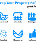 Icons illustrating uses for Tough As Nails 20 Inch Adjustable Metal Gate Chain Lock With Heavy Duty Carabiners including horse stalls, livestock, and fence gates.