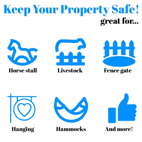 Icons illustrating uses for Tough As Nails 20 Inch Adjustable Metal Gate Chain Lock With Heavy Duty Carabiners including horse stalls, livestock, and fence gates.