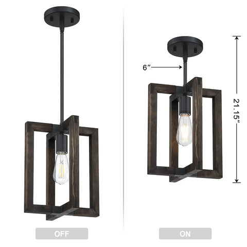 Farmhouse Rustic Pine Wood Hanging Pendant Lights Two Pack With Black Metal Frame, shown off and on with dimensions