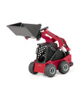 Manitou 3300V Skid Steer Loader Toy With Movable Bucket And Arm Rubber Tread Farm Tires, red diecast mini loader, front view.