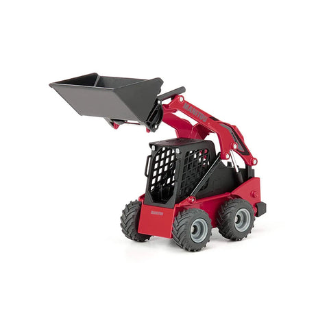 Manitou 3300V Skid Steer Loader Toy With Movable Bucket And Arm Rubber Tread Farm Tires, red diecast mini loader, front view.