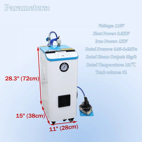 Pro Grade Industrial Steam Generator Boiler With 7 Liter Tank And 3.5 Kilowatt Motor delivers steam with iron and pressure gauge from side view.