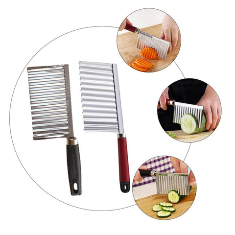 SHOWERORO 2pcs stainless steel wavy potato cutters with ergonomic handles for slicing vegetables.
