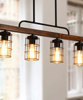 Rustic Linear Pendant Lighting For Kitchen Island And Dining Room With A Black Metal And Wood Finish, Farmhouse Vibe Fixture
