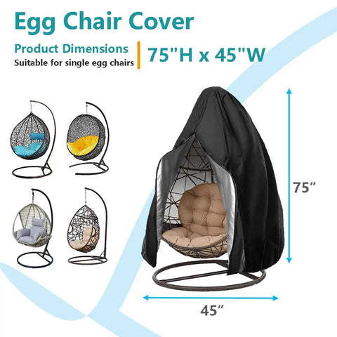 Patio Egg Chair Cover Waterproof With Zipper And Bottom Buckle For Single Seat Outdoor Wicker Swing Chair Black 75H X 45W Tough 420D Polyester Weatherproof Protector shown on chair with images of compatible styles.
