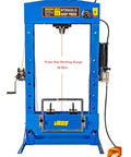Front view of 50-Ton Hydraulic Shop Press with floor mount, air operated foot pedal or manual operation, heavy duty steel construction.