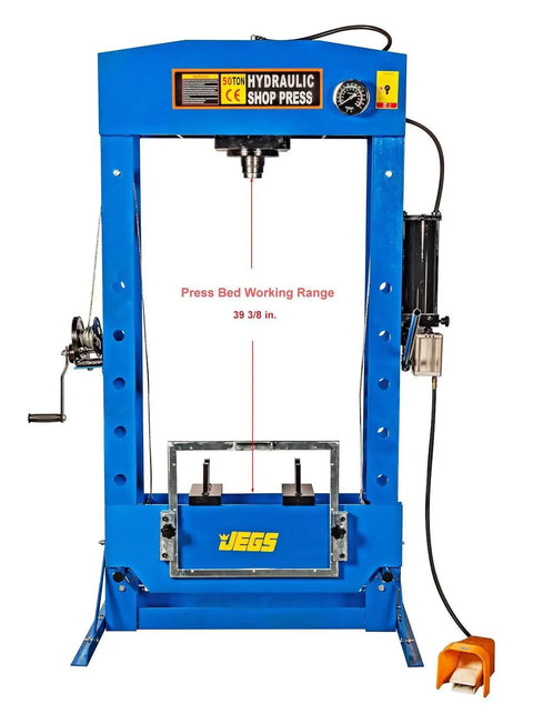 Front view of 50-Ton Hydraulic Shop Press with floor mount, air operated foot pedal or manual operation, heavy duty steel construction.