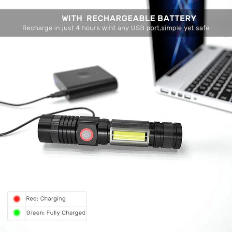 Rechargeable LED Flashlight With Strong Magnetic Tail COB Work Light And Side Light charging via USB cable on desk